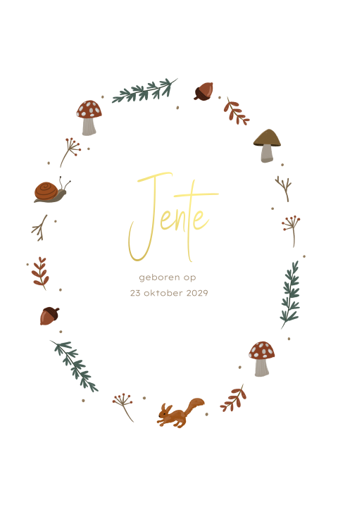 Herfst geboortekaartje met krans van paddenstoelen takjes en eekhoorn