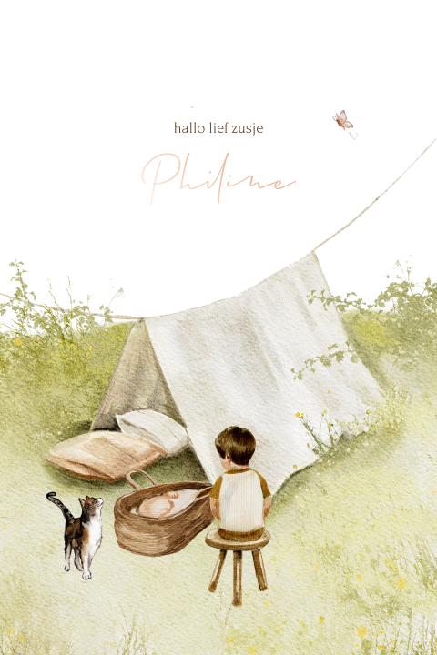 Zomer geboortekaartje meisje tent baby mandje illustratief