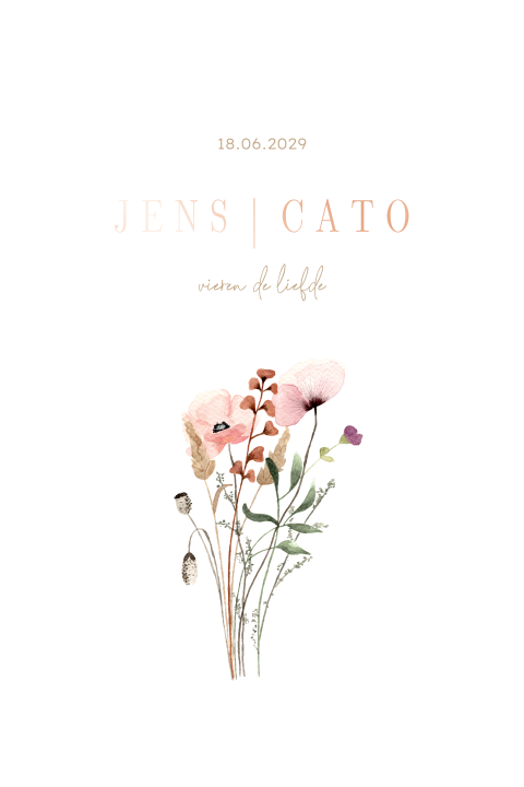 Enkele trouwkaart met roséfolie en handgeschilderde roze bloemen
