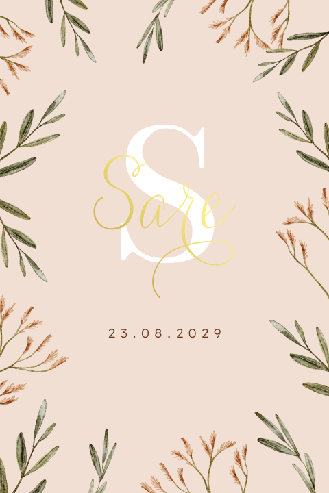 Roze botanisch geboortekaartje met groene takjes en goudfolie naam