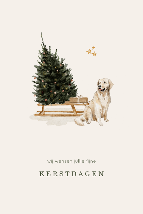 Kerstkaart met illustratie kerstboom op slee en golden retriever hond