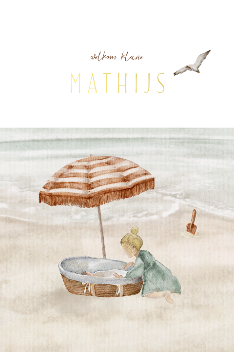 Zomer geboortekaartje voor een jongen met parasol en een baby met zus