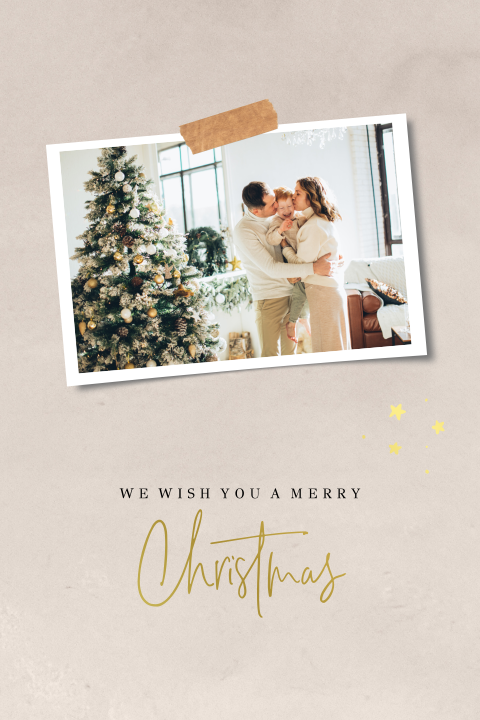 Enkele kerstkaart met eigen foto en tape met goudfolie tekst