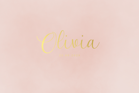 Christelijk geboortekaartje met goudfolie naam en roze achtergrond