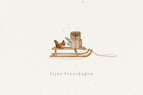 Getekende kerstkaart illustratie eekhoorn slee met cadeautjes