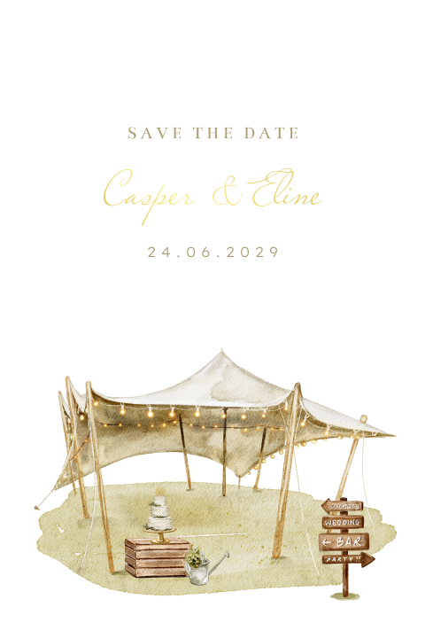 Save the date kaart met aquarel illustraties feesttent en goudfolie