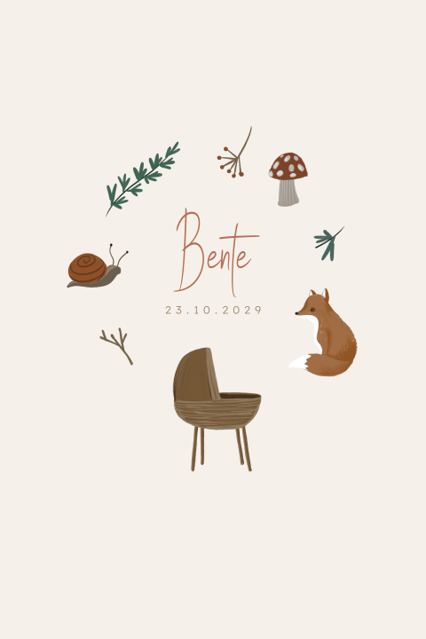 Lief geboortekaartje vos paddenstoel wiegje illustratief