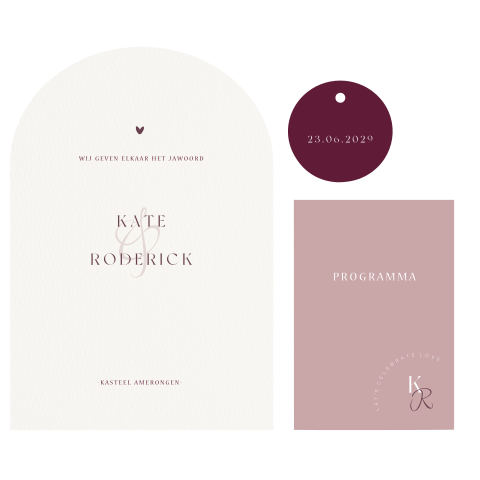 trouwkaart set beige roze en paars klassiek met intialen