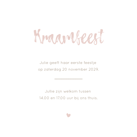 Vierkant kraamfeest kaartje met een roze hartje