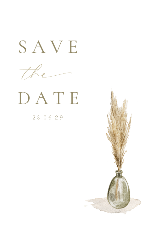 Save the date uitnodiging bruiloft illustratie droogbloemen vaas