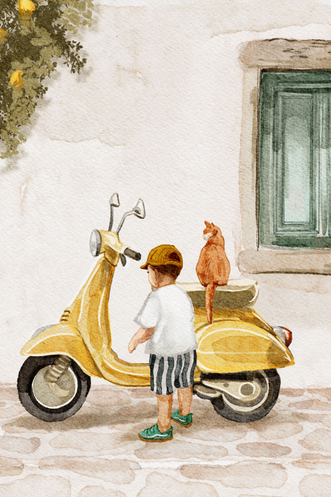 Poster gele scooter met jongetje en kat