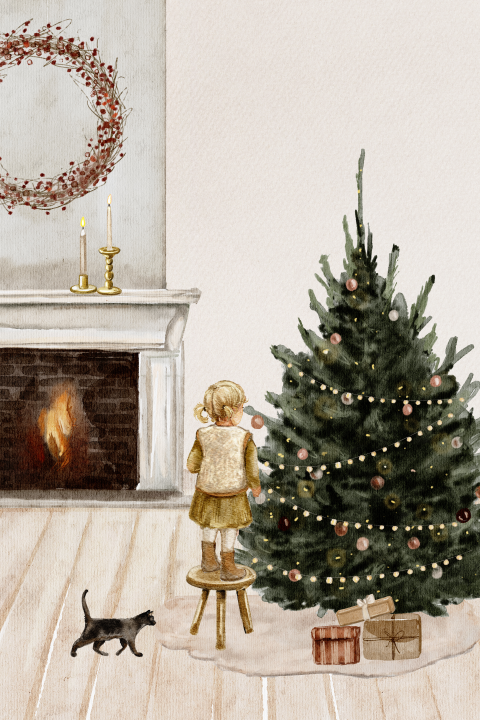 dubbele getekende kerstkaart woonkamer kerstboom meisje