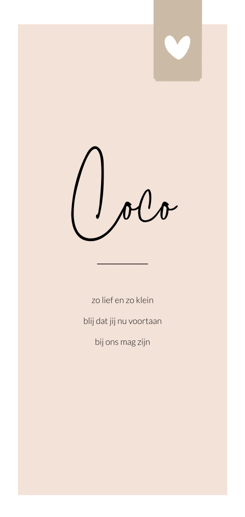 Lief roze geboortekaartje met witte rand en bruin label met hartje