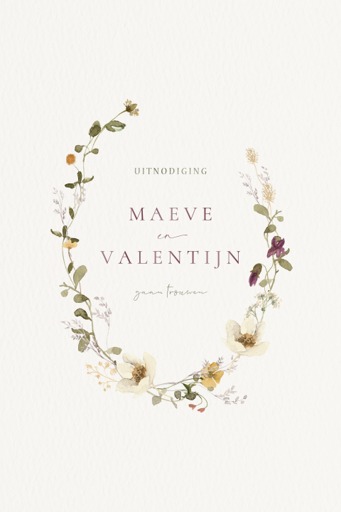 Trouwkaart met bloemen krans getekend groen paars