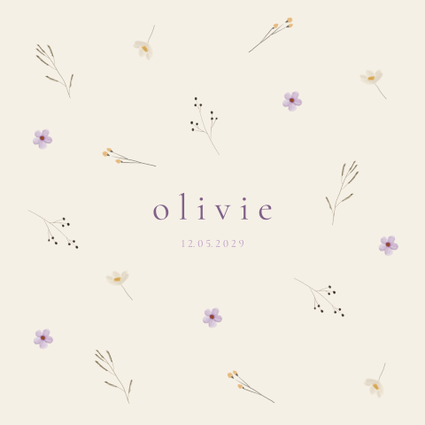 Geboortekaartje speels lila bloemetjes takjes