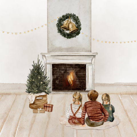 Getekende kerstkaart met aquarel illustraties kindjes bij haard