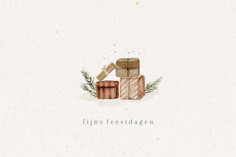 Unieke kerstkaart met illustraties van kerstcadeaus en takken