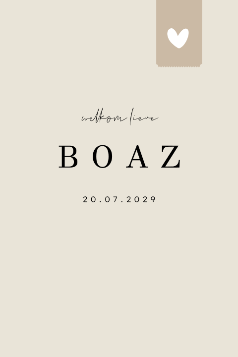 Minimalistisch geboortekaartje met ronde hoeken en bruin label hartje