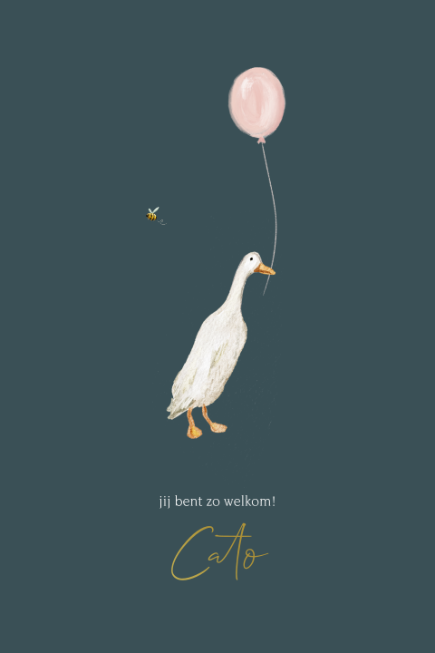 Petrol geboortekaartje voor een meisje met loopeend en roze ballon