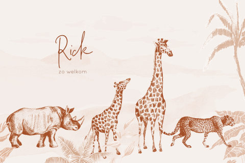 Geboortekaartje vintage jungle giraffen met luipaard in roestbruin