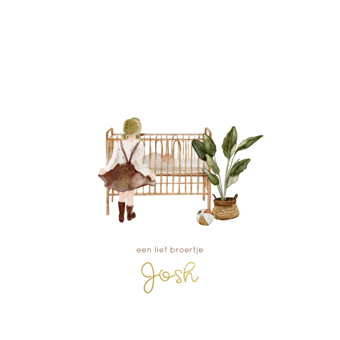 Illustratief geboortekaartje broertje met een zus bij ledikantje