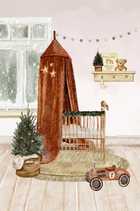 Kerstkaart kinderkamer wiegje kerstboom