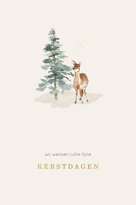 Kerstkaart met illustratie dennenboom met hertje goudfolie spetters