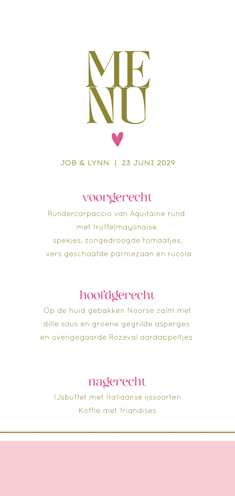 hippe menukaart bruiloft in groene en fuchsia kleuren