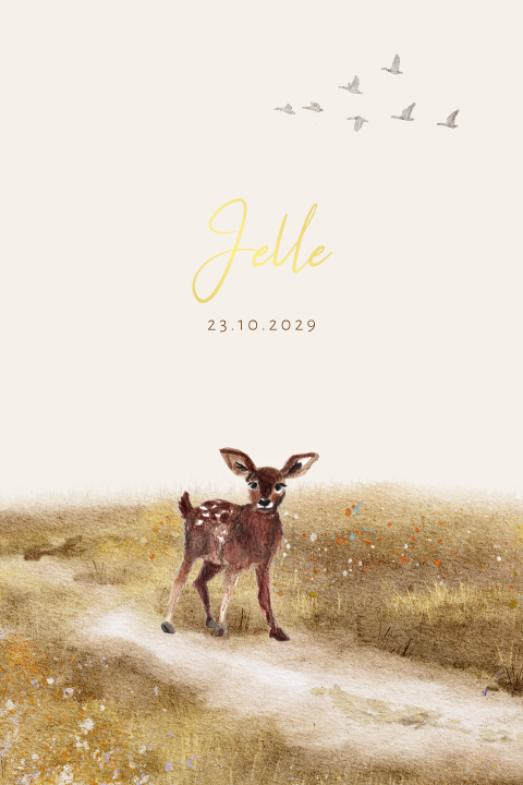 Lief herfst geboortekaartje met getekend hertje in landschap