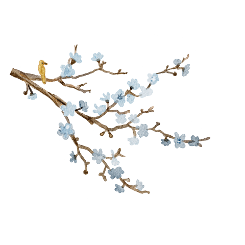 Sluitsticker bloesem tak blauw lente geboortekaartje