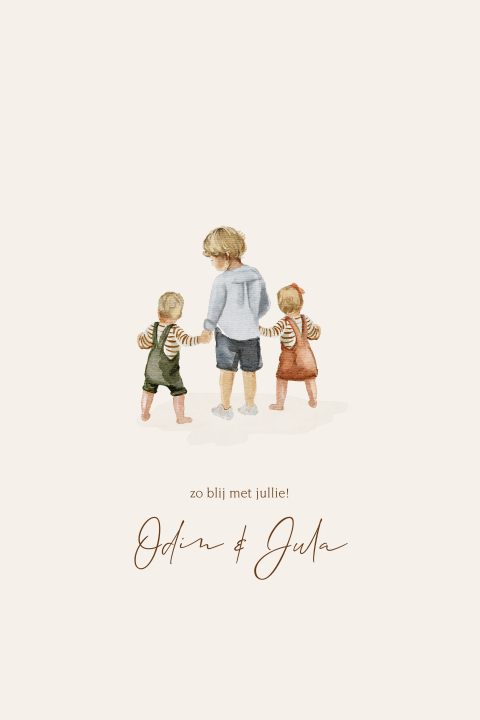 Geboortekaartje tweeling getekend gezin met grote broer