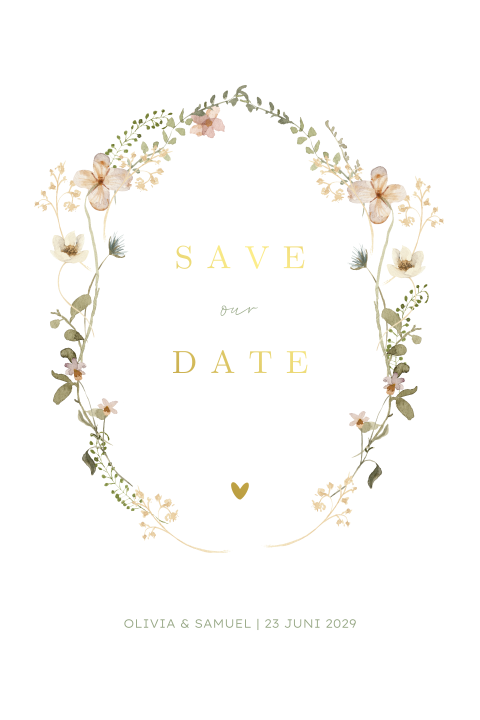 Save the date kaart in boogvorm waterverf bloemetjes krans