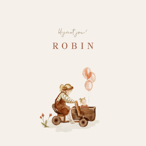 Getekend geboortekaartje zusje met grote zus op fiets met baby