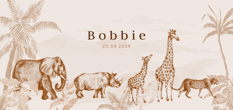 Geboortekaartje met jungledieren in roestbruin met ronde hoeken