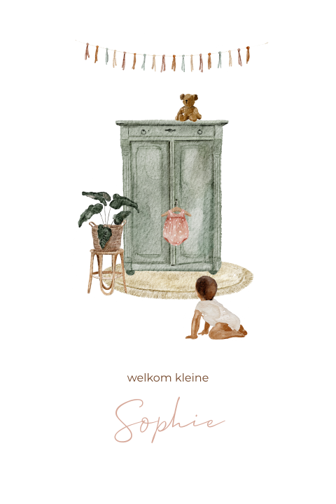 Geboortekaartje meisje kinderkamer met roze romper plant en slinger