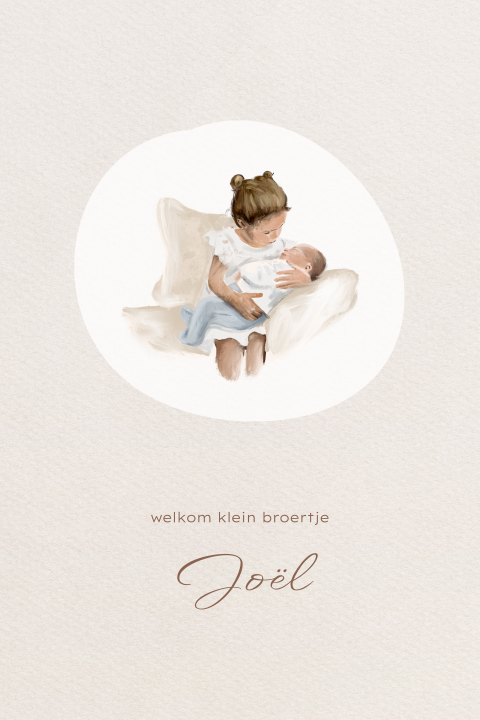 Geboortekaartje gezin olieverf geschilderd zus baby lief