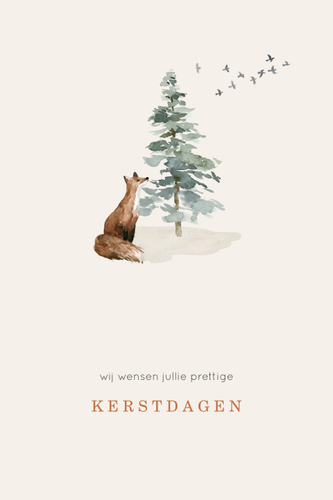 Kerstkaart met illustratie dennenboom met vos en vogels