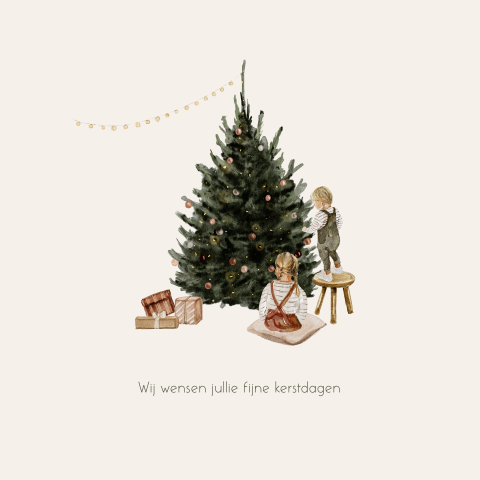Kerstkaart met een illustratie van kerstboom en twee kindjes