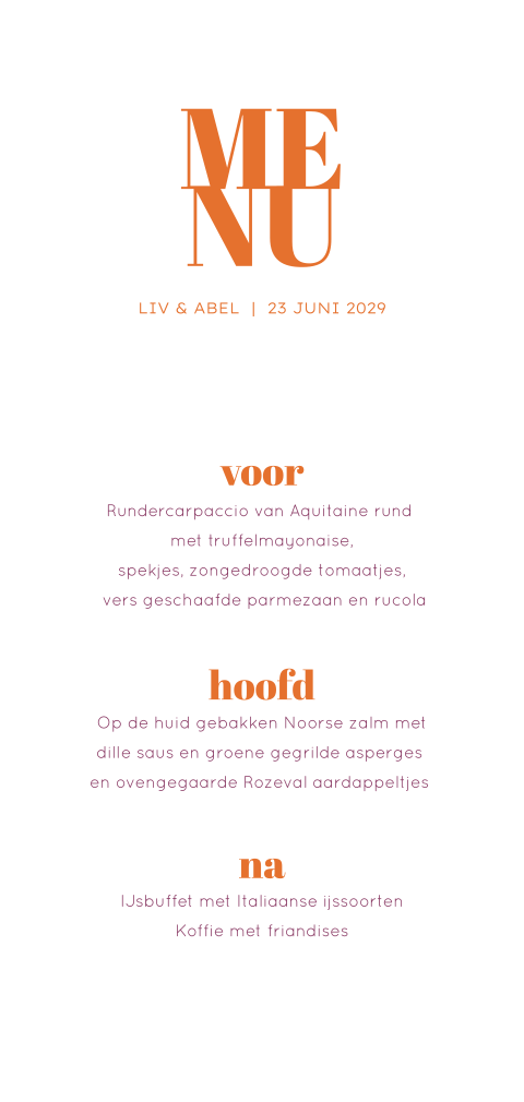 hippe menukaart bruiloft in oranje en lila kleuren