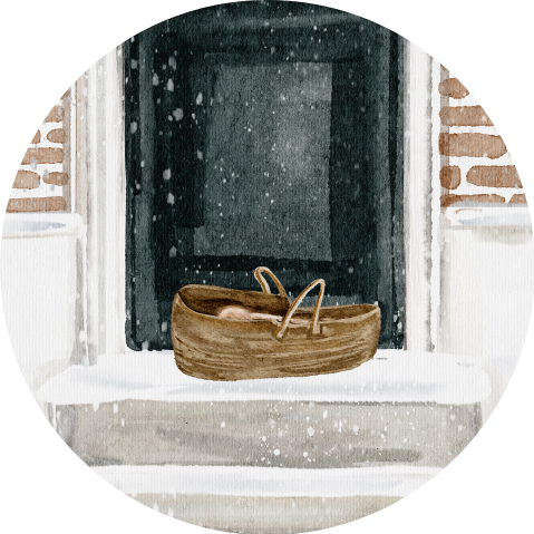 Getekend sluitsticker winter met baby in sneeuw