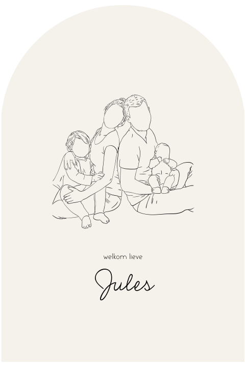 Geboortekaartje lijntekening gezin getekend