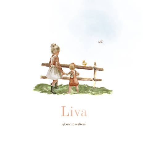 Lente geboortekaartje getekend meisje tweede kindje roséfolie