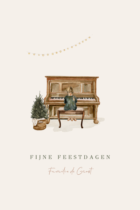 Kerstkaart met illustratie van een piano met kerstboom en meisje