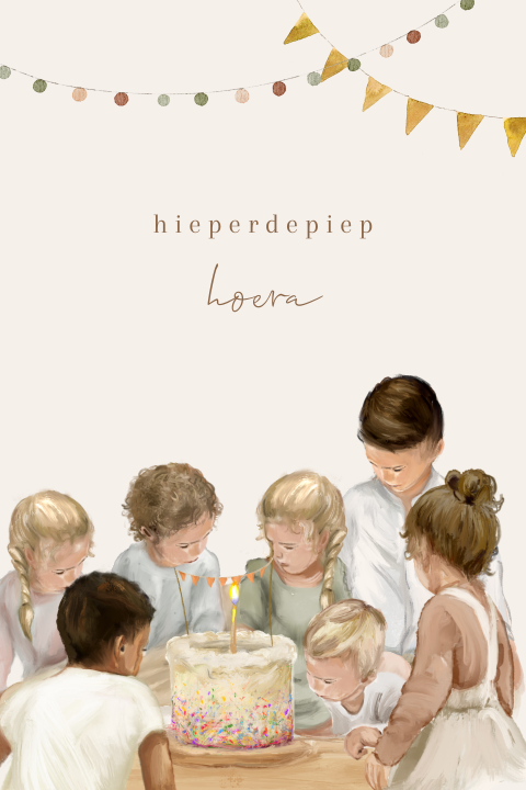Wenskaart voor verjaardag met kinderen bij een taart en slingers