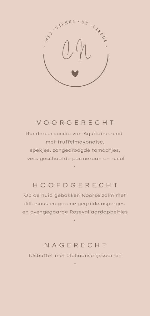 Roze menukaart met logo en initialen en hartje