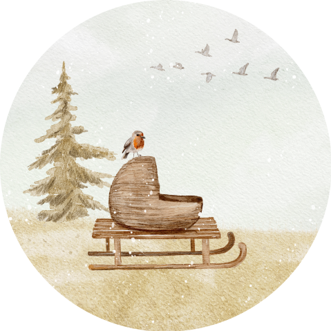 Sluitsticker winter geboortekaartje met mandje op een slee