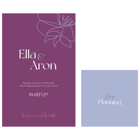 Paarse trouwkaart met dagplanning en lijntekening bloem