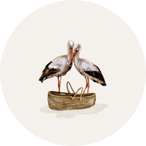 Sluitsticker baby met ooievaars bij een mandje