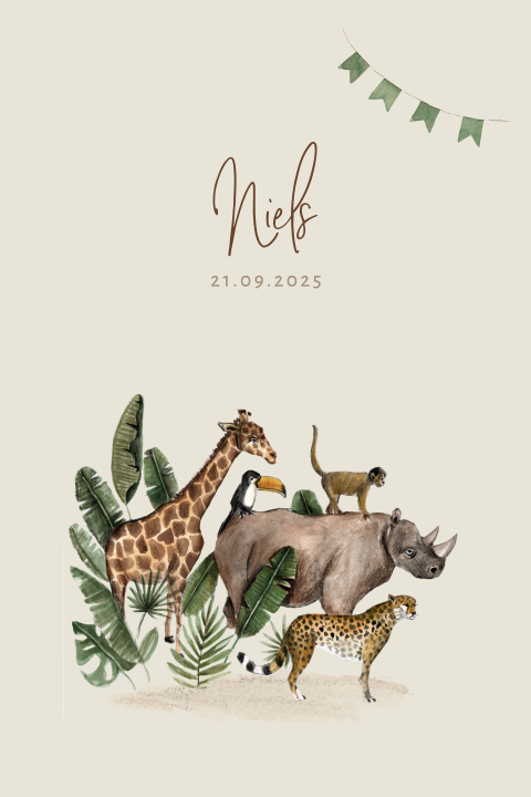 Geboortekaartje met jungledieren en groene vlaggen