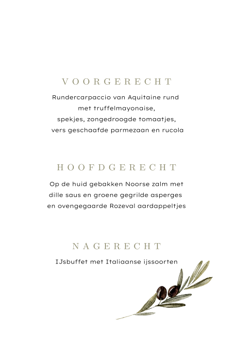 Stijlvolle menukaart voor een huwelijk met olijftak